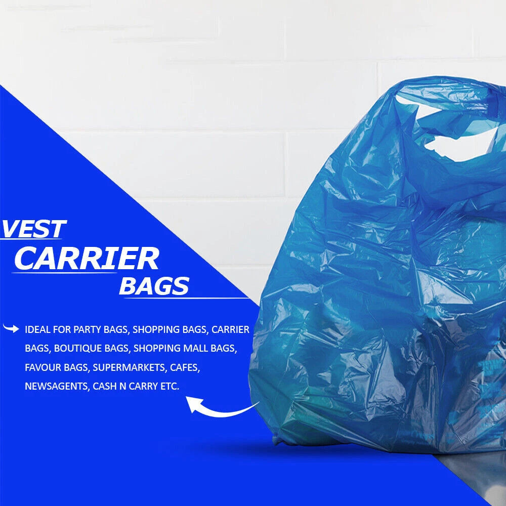 Vest Carrier Bags Reusable Blue Plastic Carry Bags 11" x 17" x 21" 14mu