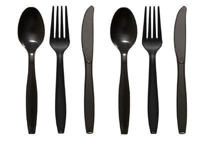 Heavy Duty Reusable Spoons Forks Knives Black Plastic Cutlery Set for Catering