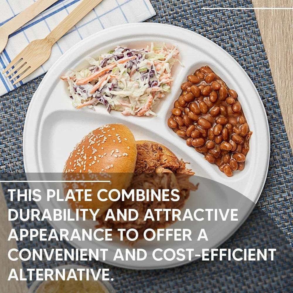 250 x Bagasse Section Plates 10" (26cm) Biodegradable White Compartment Plate