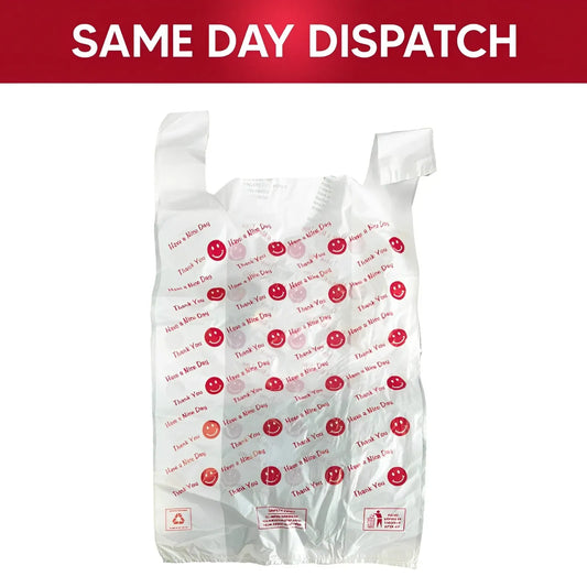 200x Thank You Have A Nice Day Printed Plastic Vest Carrier Bags 11 x 17 x 19" 22mu
