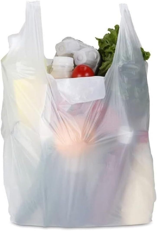 500 x Vest Carrier Bags 16" x 24" x 30" 18mu White Heavy Duty Plastic Carry Shopping Supermarket Groceries Bag