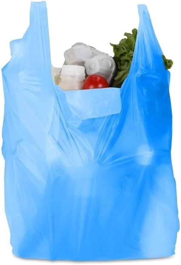 200 x Vest Carrier Bags 11" x 17" x 21" 18mu Blue Heavy Duty Plastic Carry Shopping Supermarket Groceries Bag