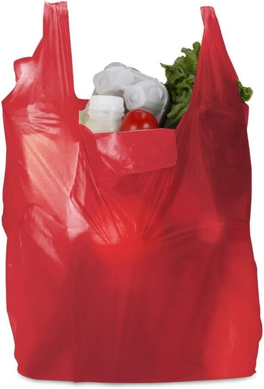 500 x Vest Carrier Bags 12" x 18" x 22" Red Heavy Duty Plastic Carry Shopping Supermarket Groceries Bag