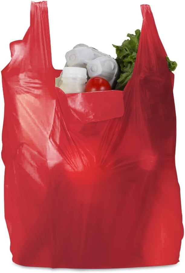 200 x Vest Carrier Bags 11" x 17" x 21" 18mu Red Heavy Duty Plastic Carry Shopping Supermarket Groceries Bag
