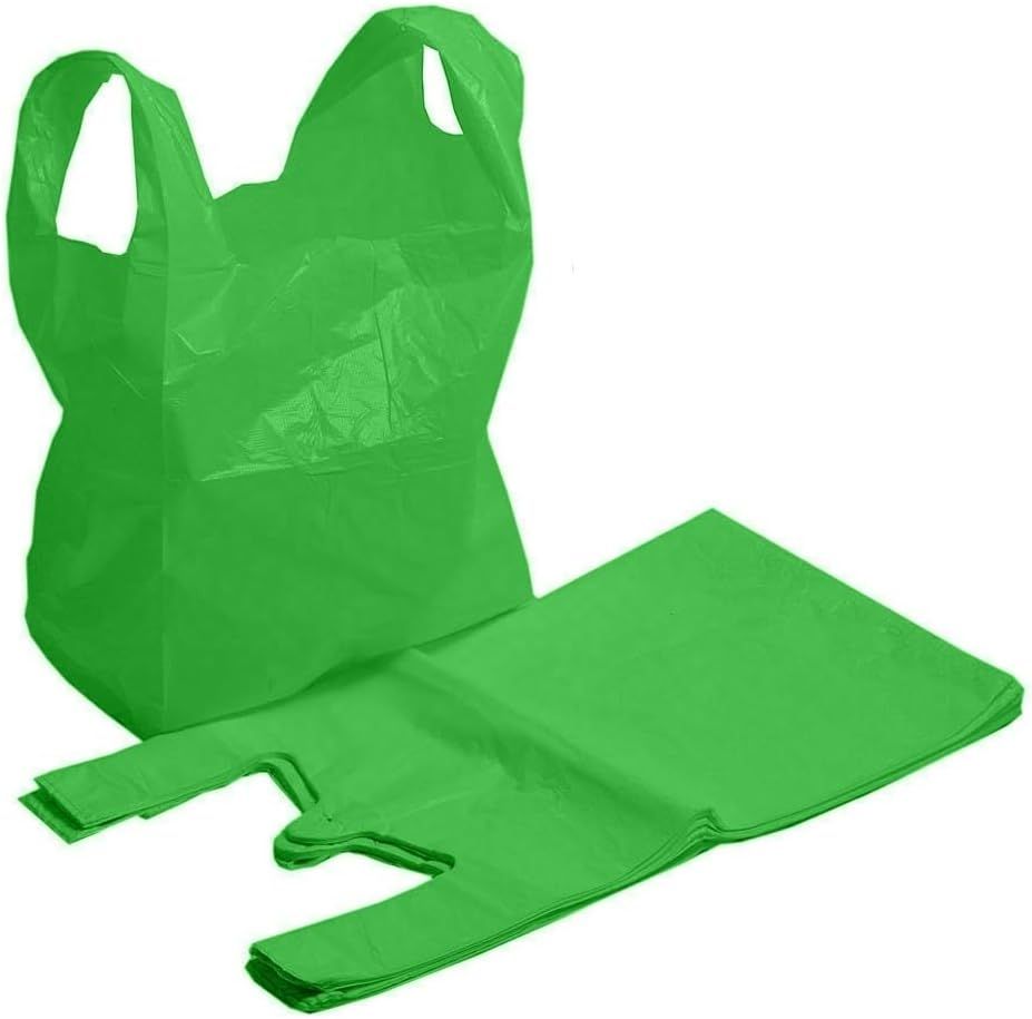 200 x Vest Carrier Bags 11" x 17" x 21" 18mu Green Heavy Duty Plastic Carry Shopping Supermarket Groceries Bag
