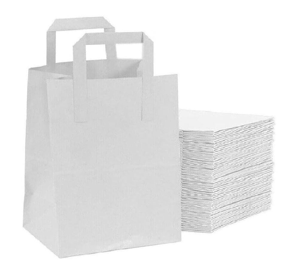 White Paper Bags with Flat Handle Kraft Shopping Carrier Bags - S / M / L / XL Sizes Available