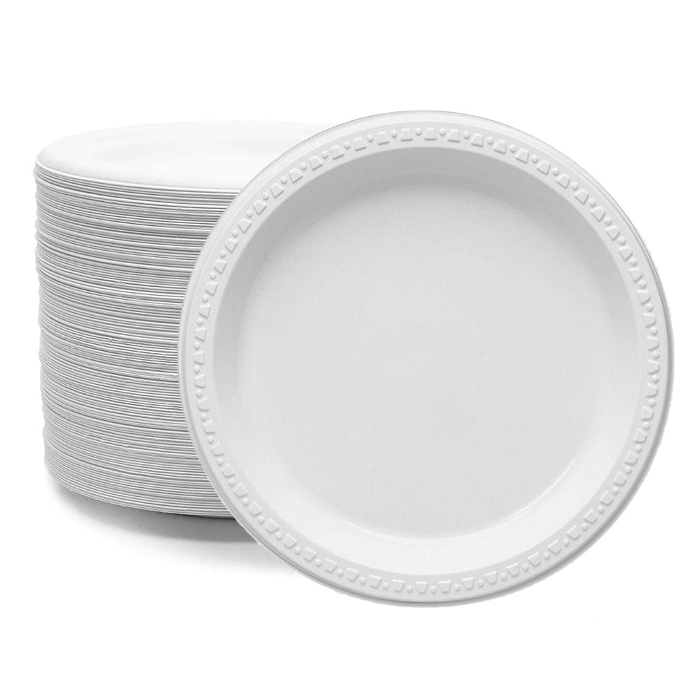 White Plastic Plates Reusable Dishes for Catering Supply - 9" (23cm)