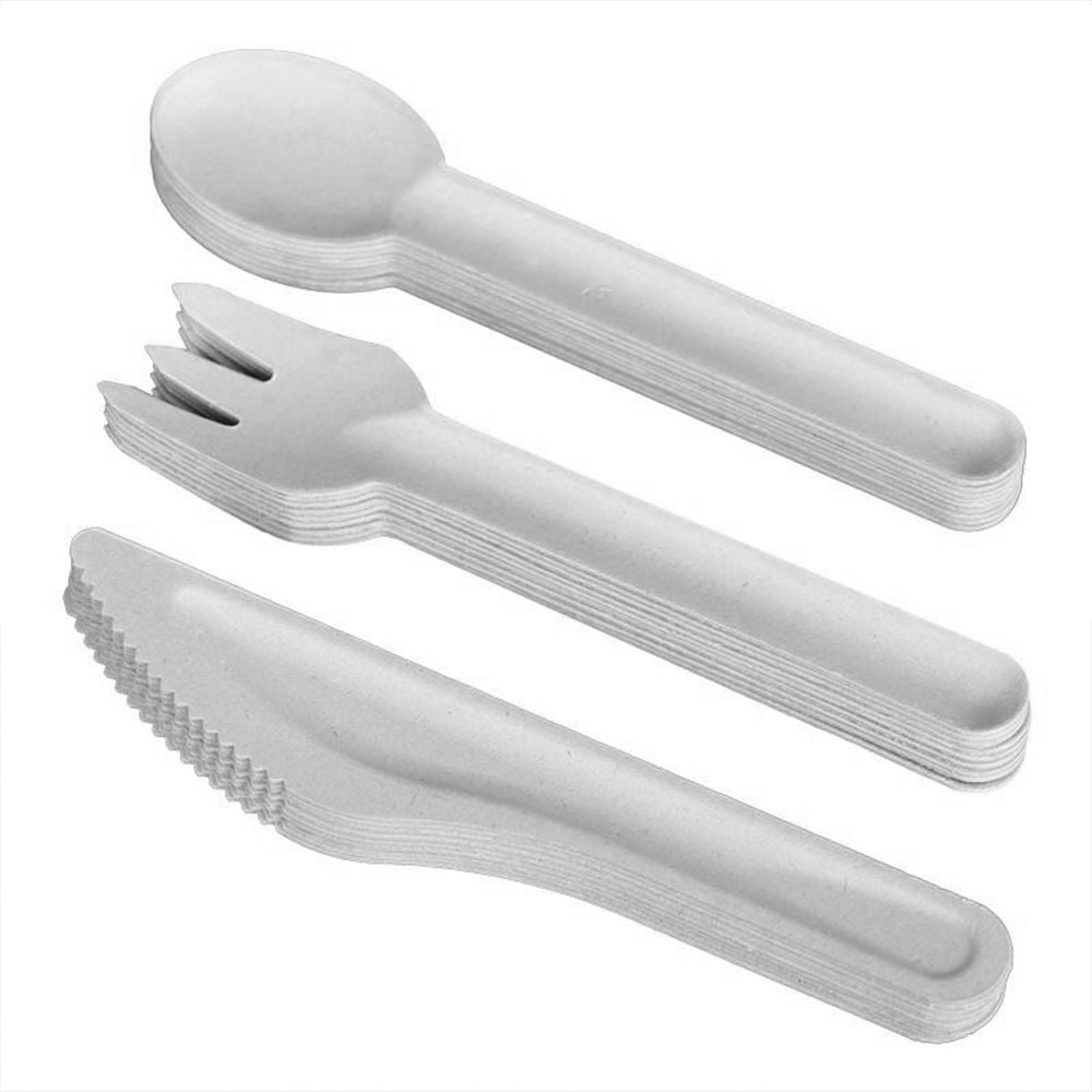 White Biodegradable Bagasse Spoons Knives Forks for Catering Parties