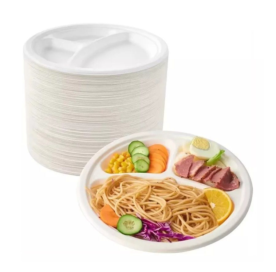 100 x White Plastic Plates 3 Section Compartment 10 in Catering Party Reusable