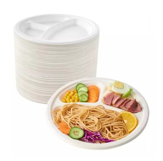 100 x White Plastic Plates 3 Section Compartment 10 in Catering Party Reusable