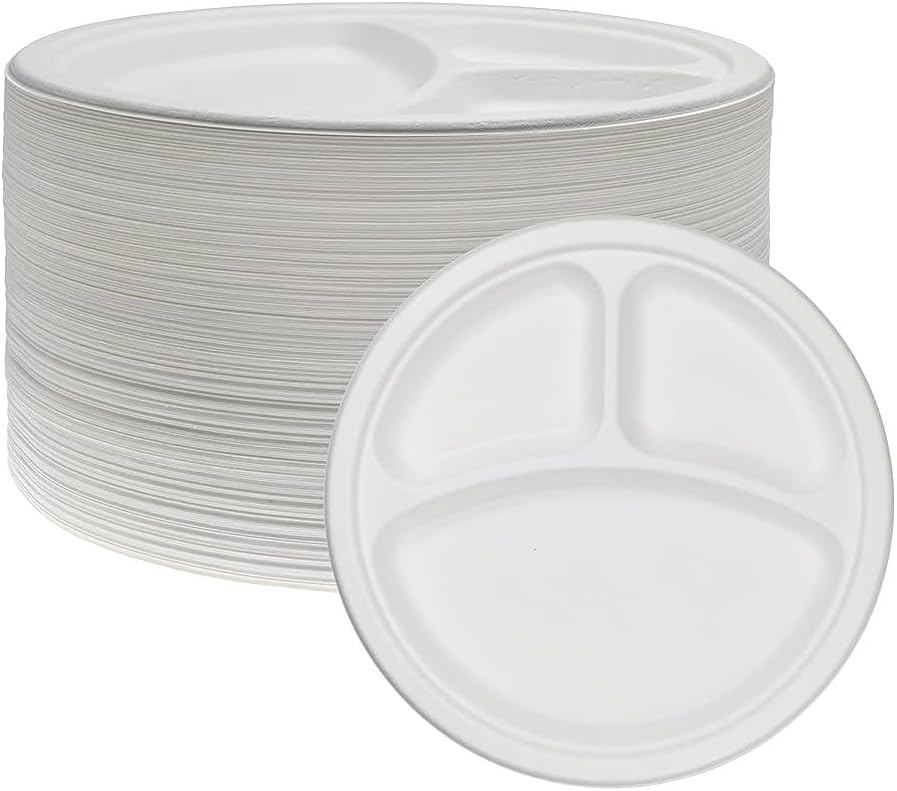100x 3 Compartment Plastic Plates Reusable Plastic Dinner Section Plate - 10" (26cm)
