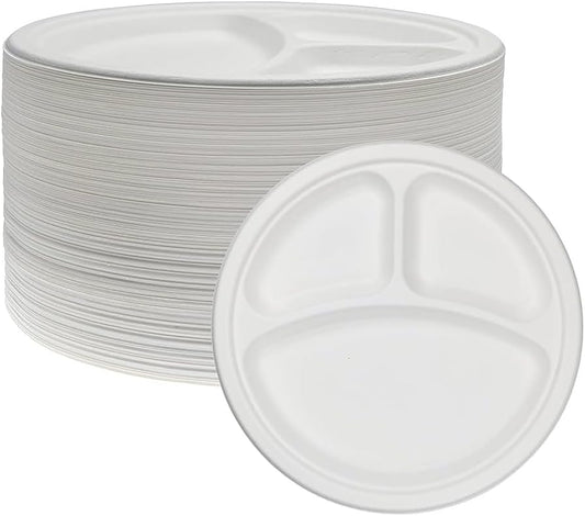 100x 3 Compartment Plastic Plates Reusable Plastic Dinner Section Plate - 10" (26cm)