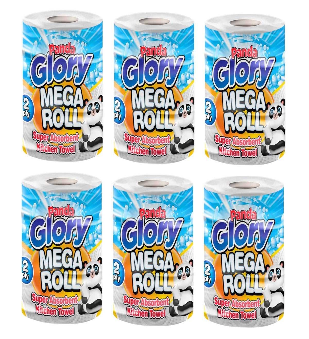 6 x Panda Glory Mega Roll Super Absorbent Kitchen Towel Roll 2Ply White Embossed Roll