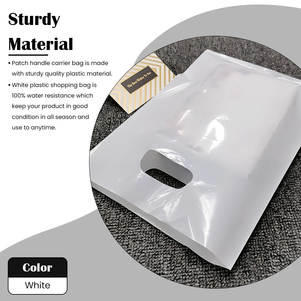 Patch Handle Carrier Bags White Plastic Carry Bag for Clothes 12" x 12" x 4"