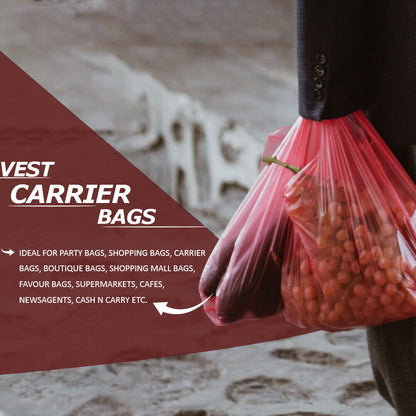 Plastic Vest Style Carrier Bags 11" x 17" x 21" 18mu Red Reusable Carry Bag