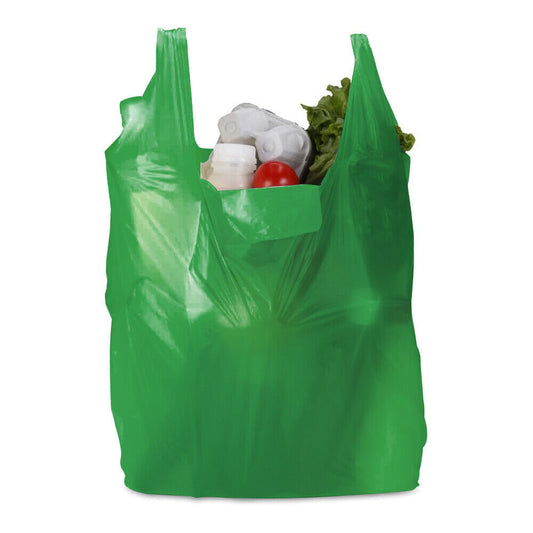 Plastic Vest Style Carrier Bags 11" x 17" x 21" 18mu Green Reusable Carry Bag
