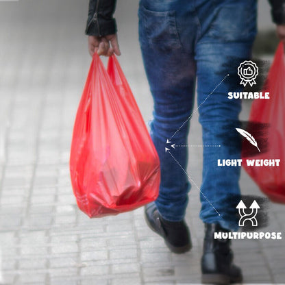 Plastic Vest Style Carrier Bags 11" x 17" x 21" 18mu Red Reusable Carry Bag