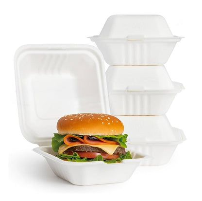 500 x Burger Boxes 6" (450ml) Biodegradable Bagasse Takeaway Container
