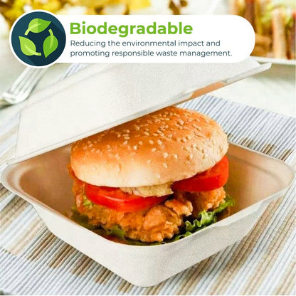 100 x Burger Boxes 6" (450ml) Biodegradable Bagasse Takeaway Container