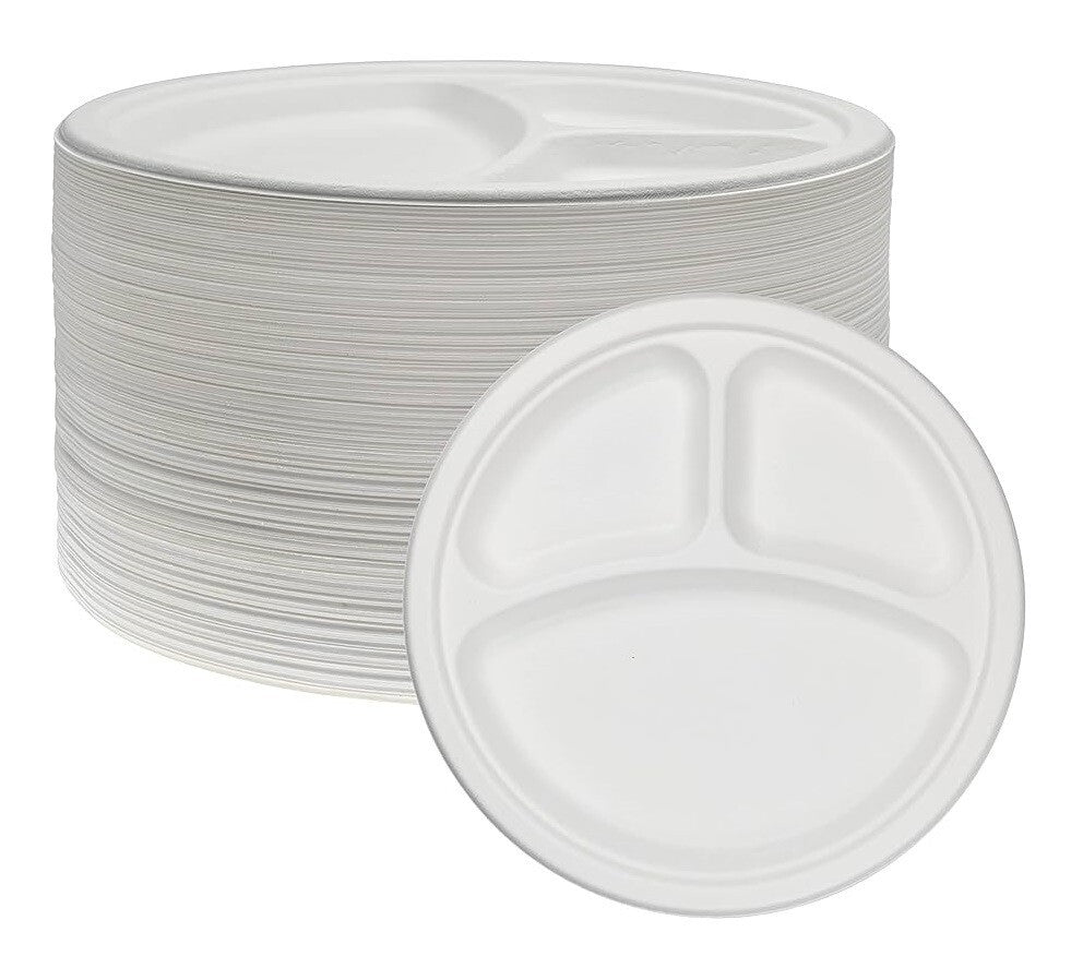 50 x Compartment Plates 10" (26cm) Reusable 3 Section White Plastic Plate