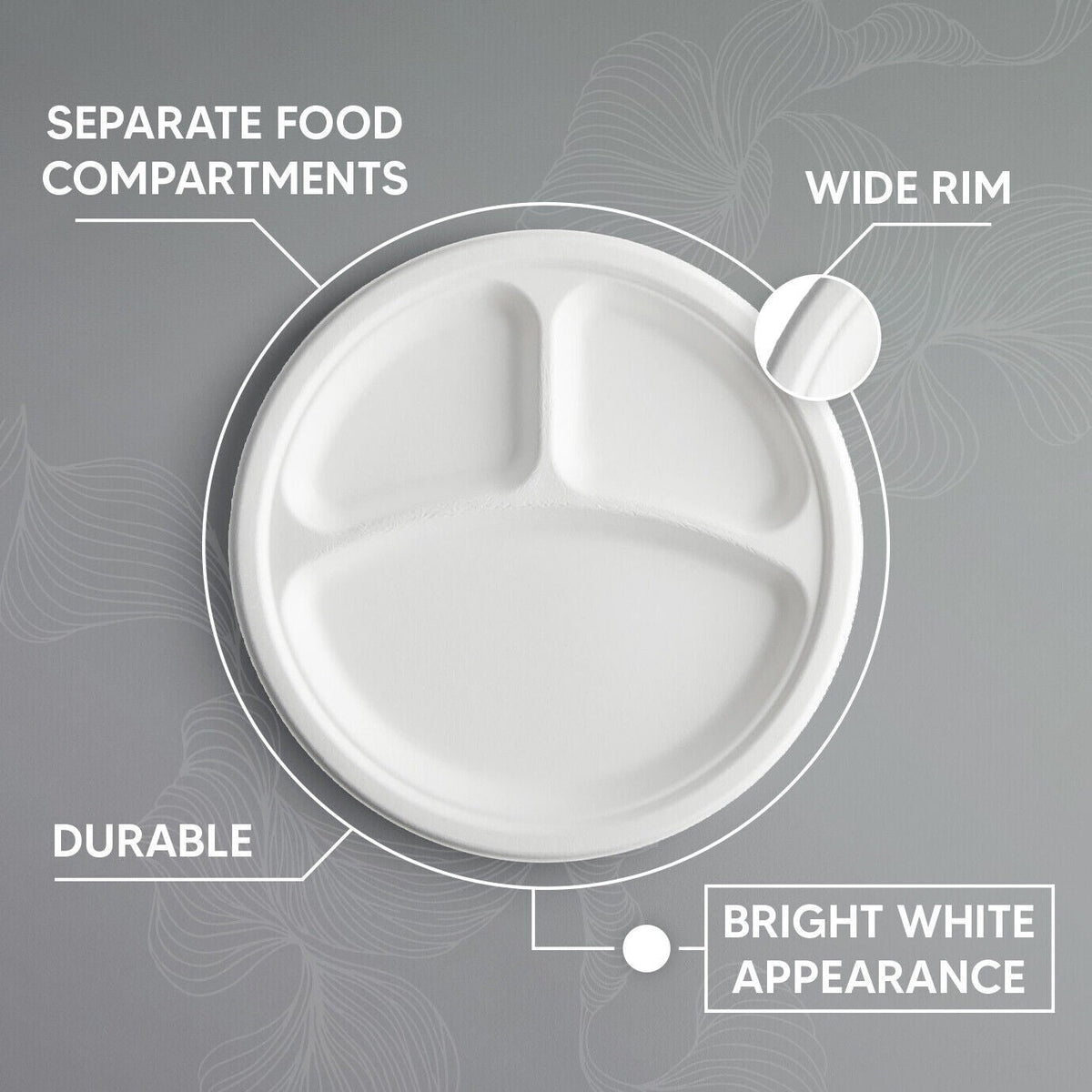 50 x Compartment Plates 10" (26cm) Reusable 3 Section White Plastic Plate