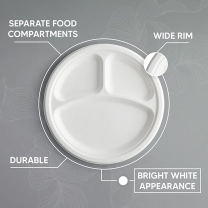 50 x Compartment Plates 10" (26cm) Reusable 3 Section White Plastic Plate