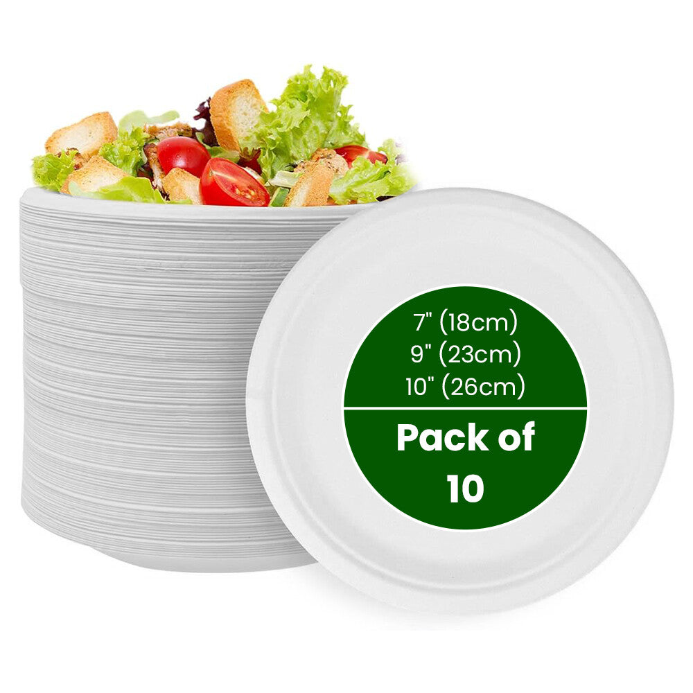 100 x Bagasse Paper Plates 7 / 9 / 10 Inch White Biodegradable Sugarcane Dishes