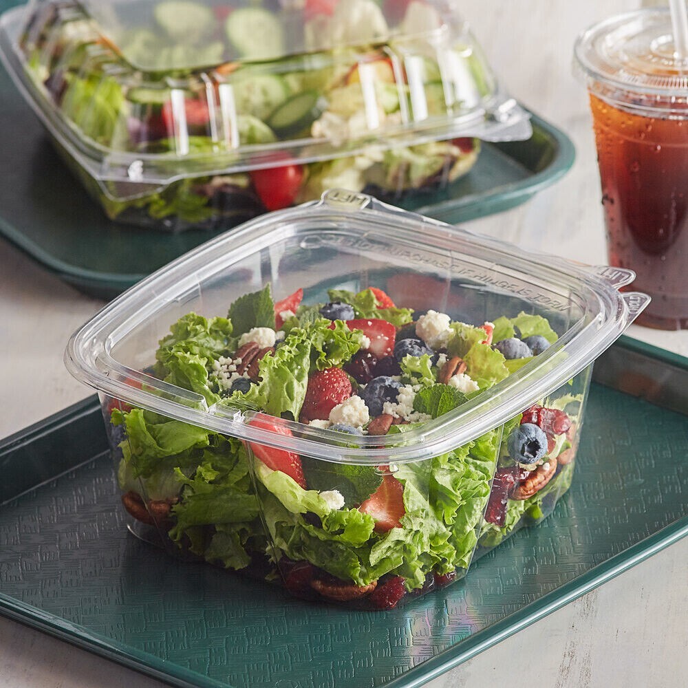 100 x Hinged lid Salad Container 375cc Clear Plastic Food Takeaway Storage