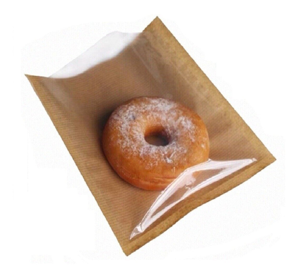 1000 x Film Fronted Clear Window Paper Bags 10" x 10" Brown Food Display Bags