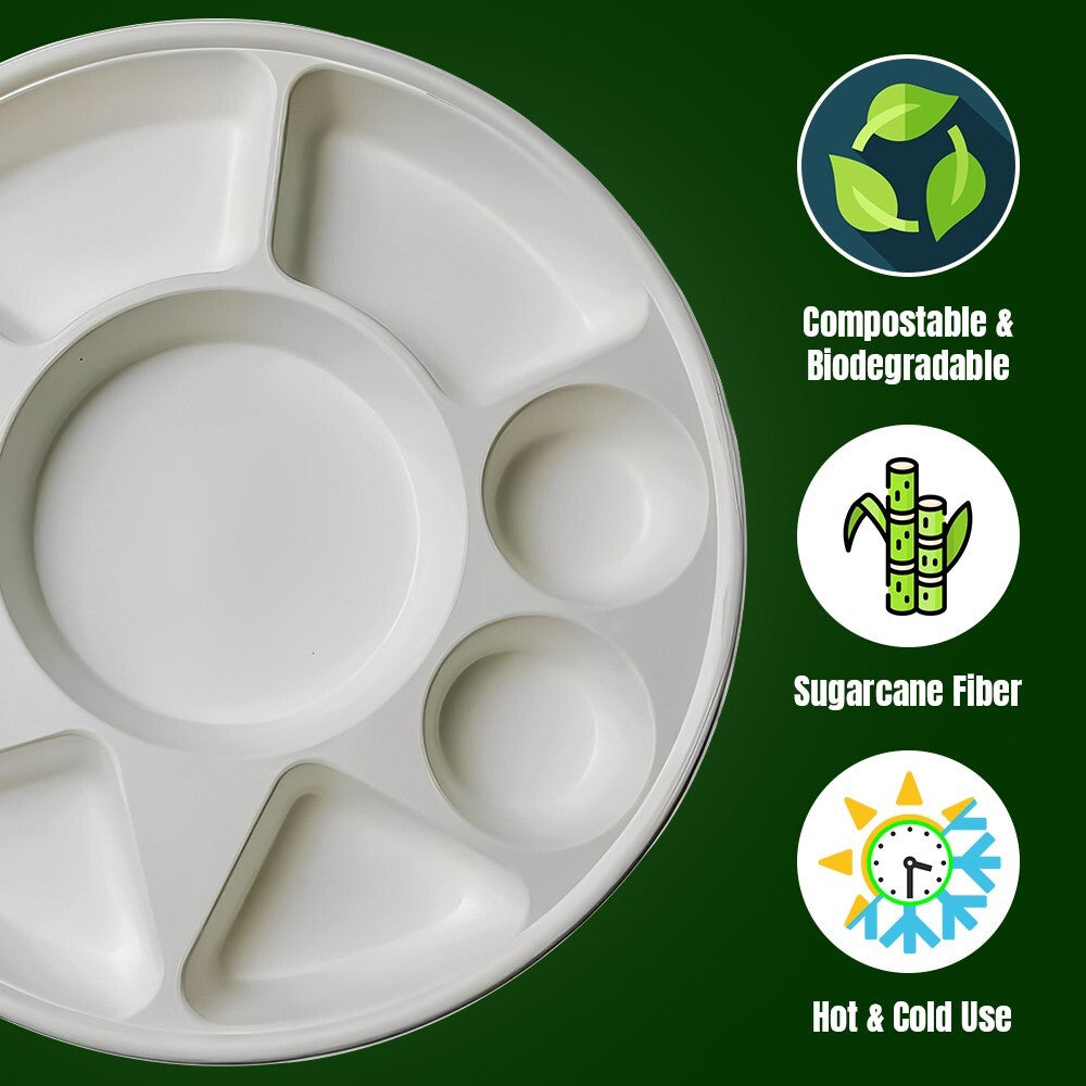 140 x Bagasse Compartment Plate 12" (30cm) Sugarcane White 9 Section Dishes