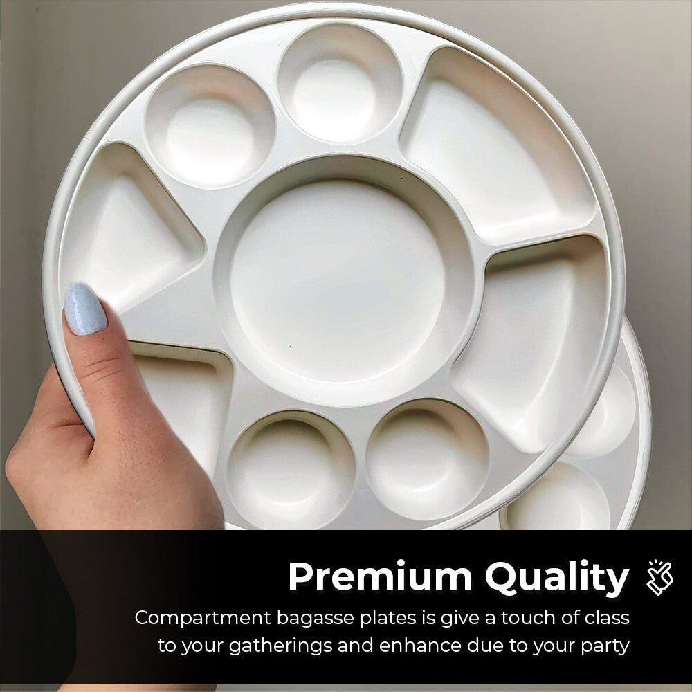 40 x Bagasse Compartment Plate 12" (30cm) Sugarcane White 9 Section Dishes