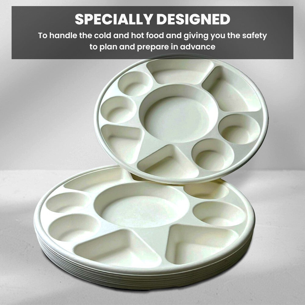 20 x Bagasse Compartment Plate 12" (30cm) Sugarcane White 9 Section Dishes