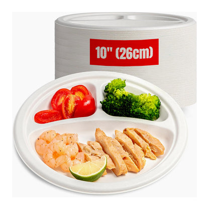 Bagasse Section Plates 10" (26cm) Biodegradable White Compartment Plates
