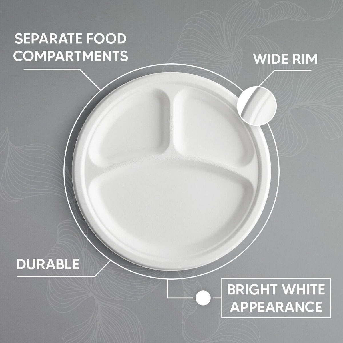 Bagasse Section Plates 10" (26cm) Biodegradable White Compartment Plates