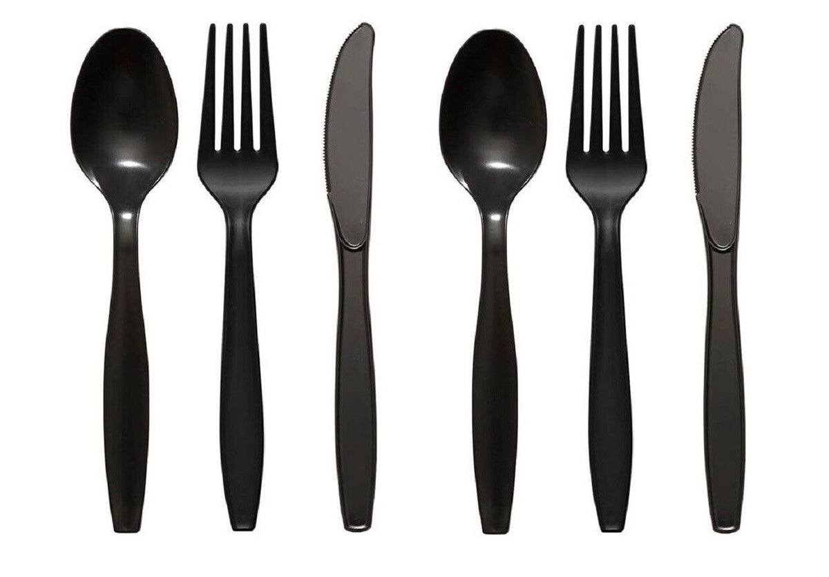 Tithe Heavy Duty Plastic Spoons Knives Forks Black Reusable Mix Cutlery Set