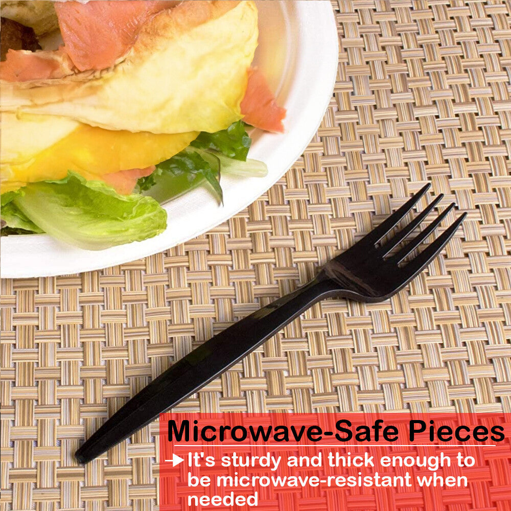 Tithe Heavy Duty Plastic Spoons Knives Forks Black Reusable Mix Cutlery Set
