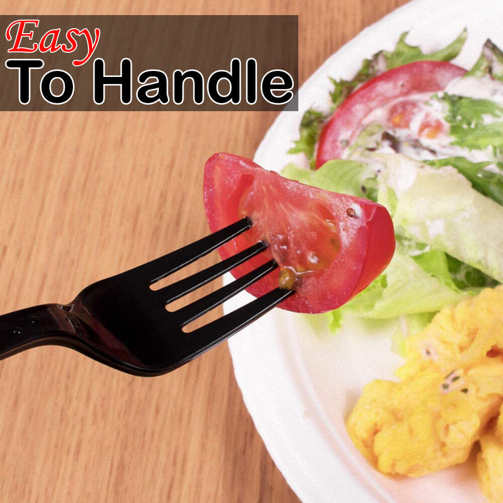 Tithe Heavy Duty Plastic Spoons Knives Forks Black Reusable Mix Cutlery Set