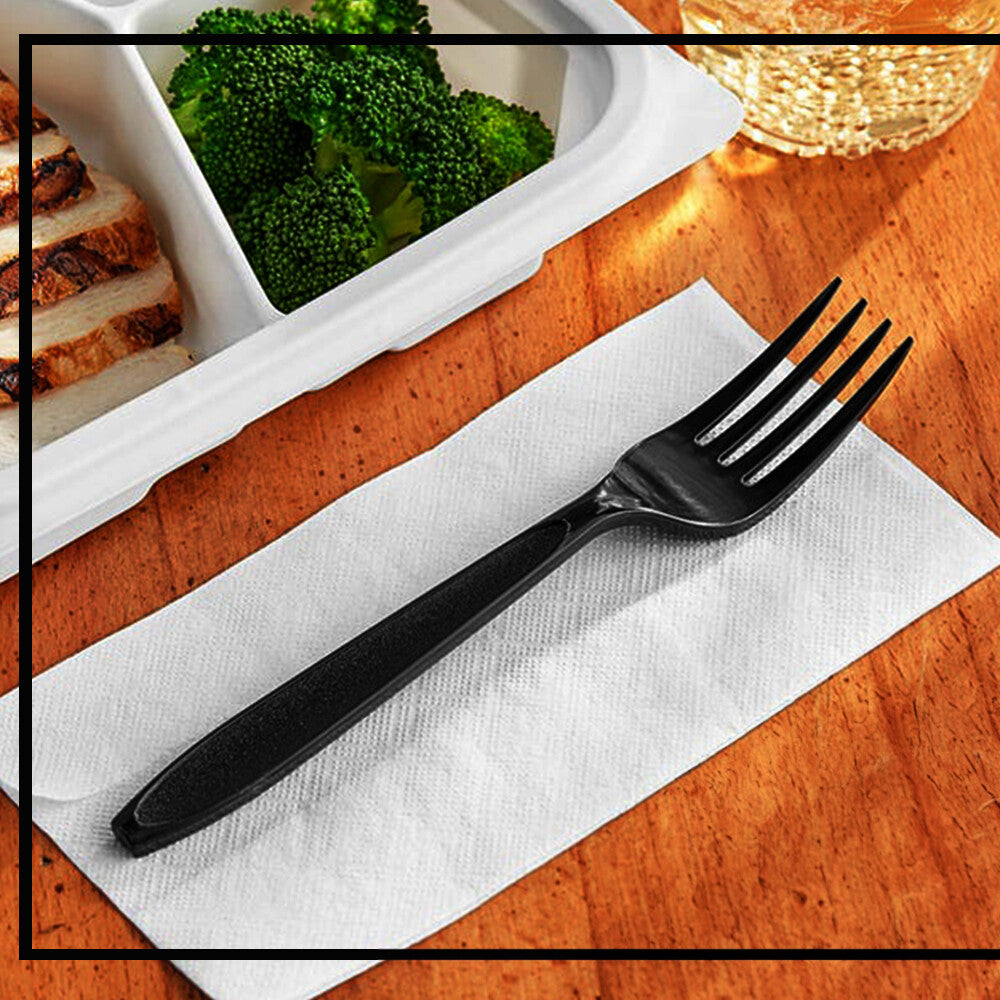Tithe Heavy Duty Plastic Spoons Knives Forks Black Reusable Mix Cutlery Set