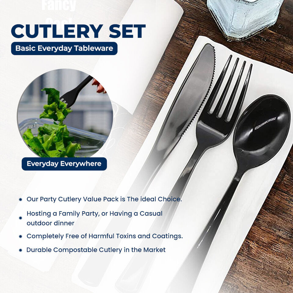 Tithe Heavy Duty Plastic Spoons Knives Forks Black Reusable Mix Cutlery Set