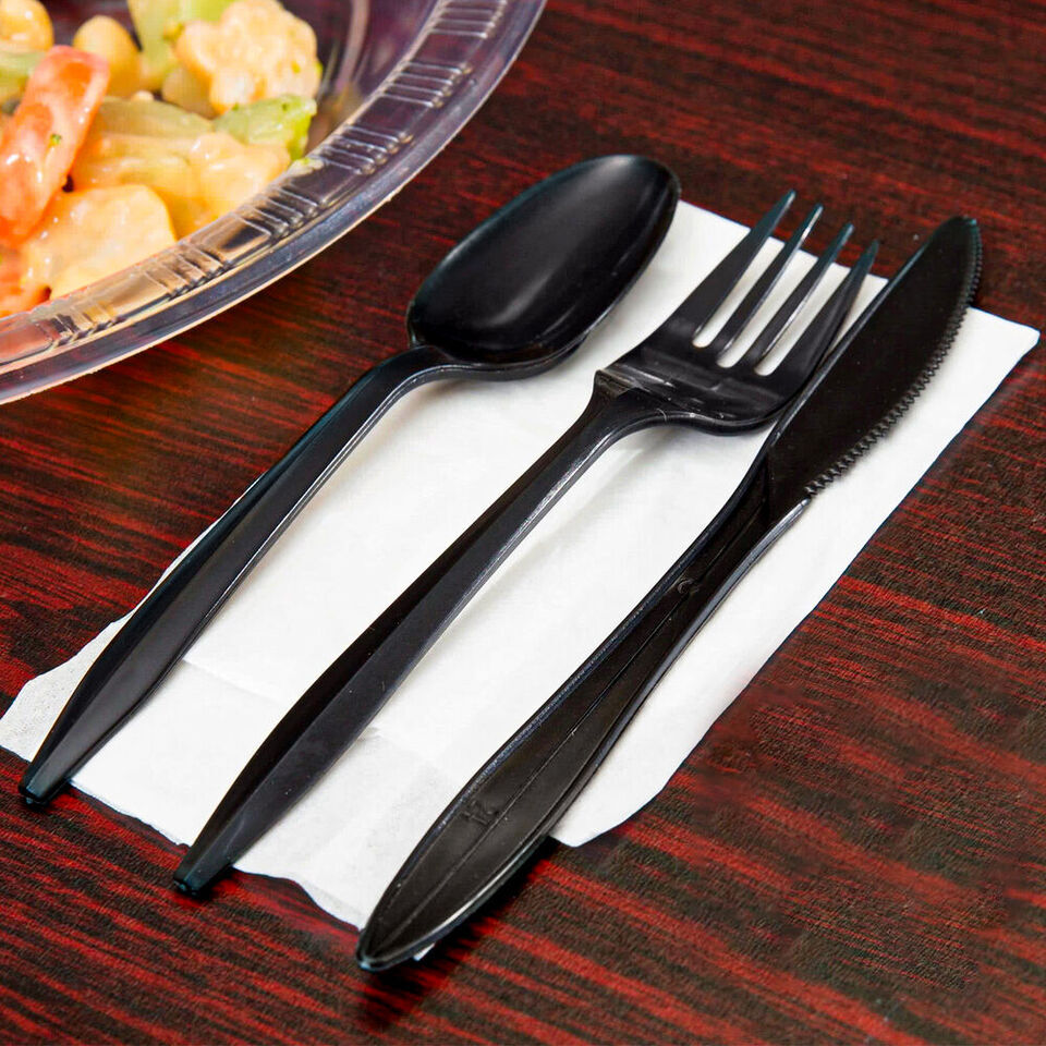 Tithe Heavy Duty Plastic Spoons Knives Forks Black Reusable Mix Cutlery Set