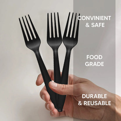 Tithe Heavy Duty Plastic Spoons Knives Forks Black Reusable Mix Cutlery Set