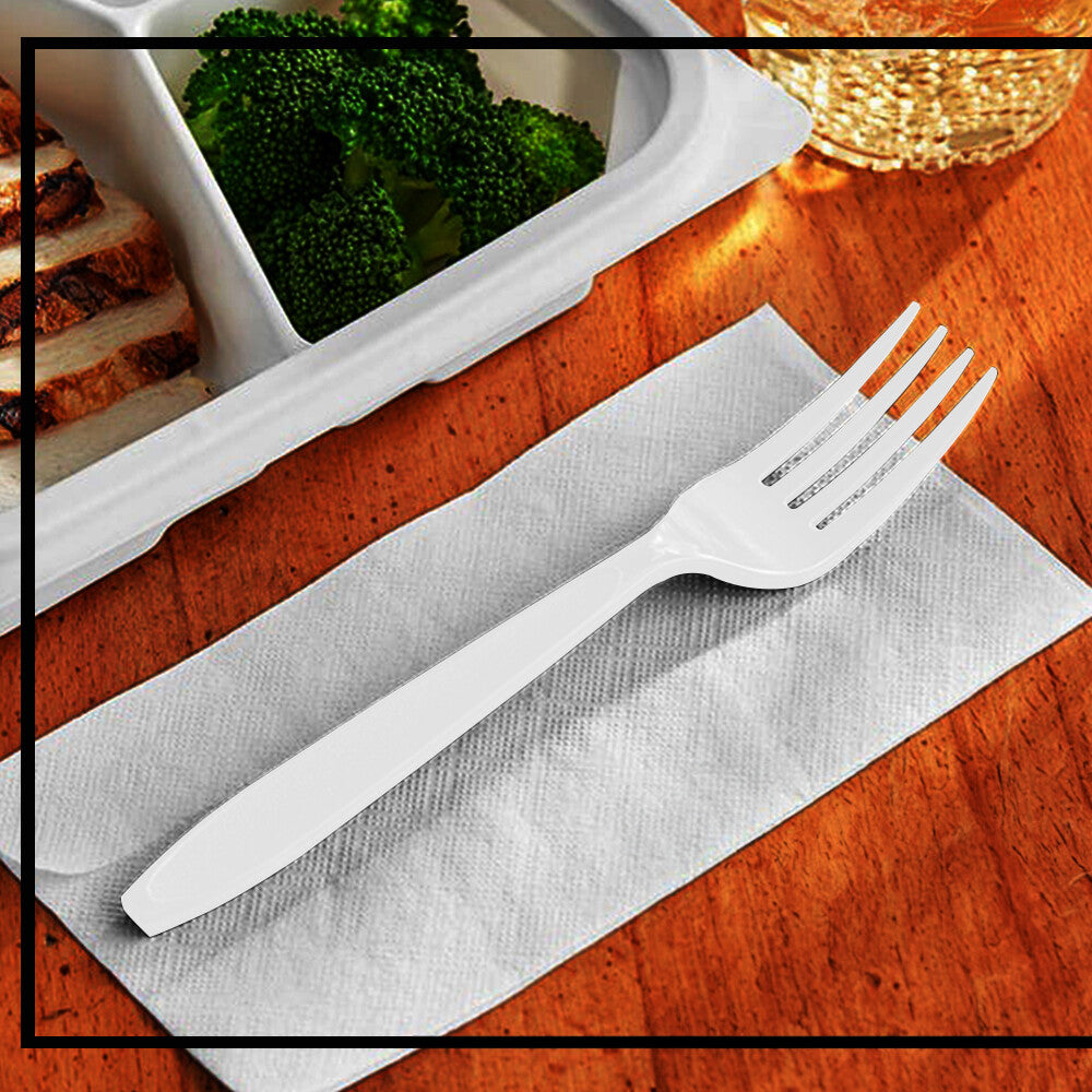 Tithe Heavy Duty Plastic Spoons Knives Forks White Reusable Mix Cutlery Set