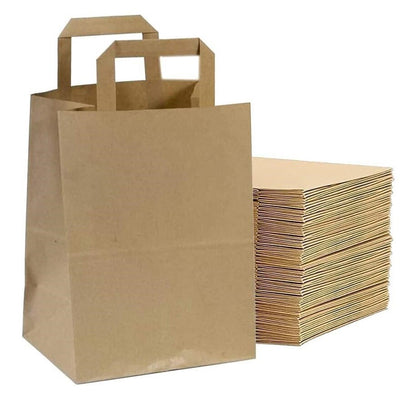 25 x Flat Handle Paper Bags S-M-L Kraft Paper Carrier Bag for Shopping Takeaway