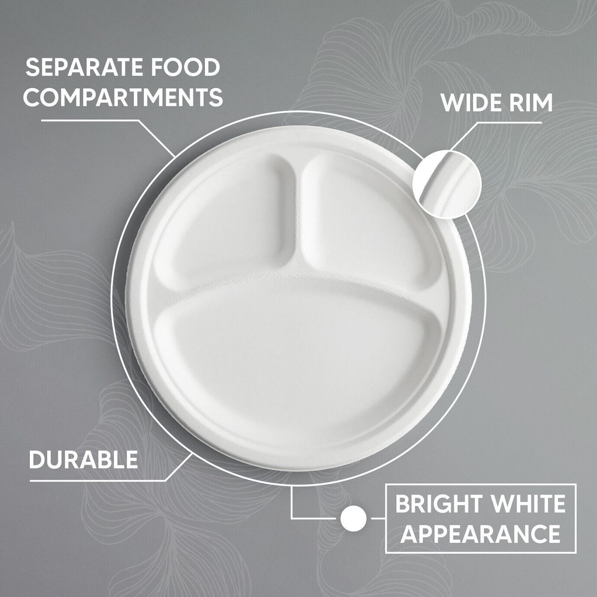 3 Section Plastic Plates 10" (26cm) Reusable White Plate for Dinner Breakfast