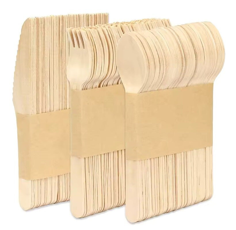 Wooden Spoons Forks Knives Disposable Cutlery Set for Travelling Camping Parties