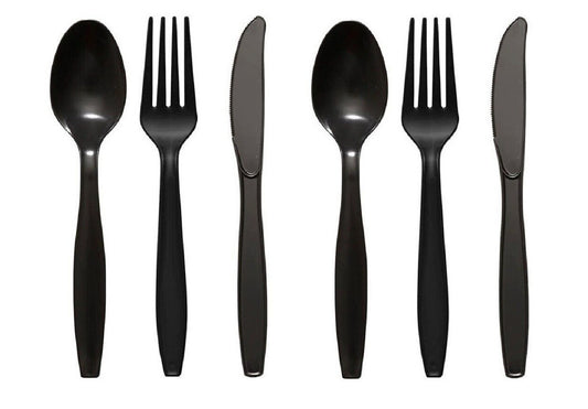 Heavy Duty Plastic Spoons Knives Forks Black Reusable Mix Cutlery Set