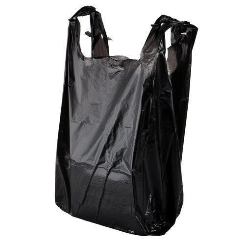 100 x Plastic Vest Style Carrier Bags 11" x 17" x 21" 18mu Black Reusable Bag