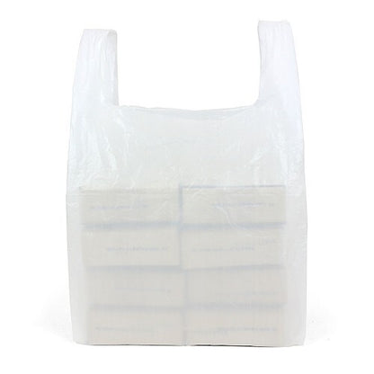 100 x Plastic Vest Style Carrier Bags 10" x 15" x 18" 10mu White Reusable Bag