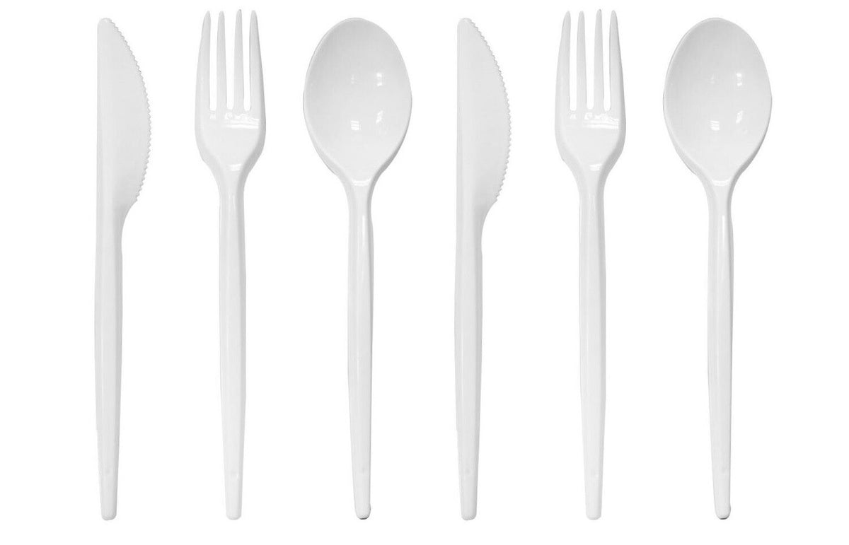 Heavy Duty Plastic Spoons Knives Forks White Reusable Mix Cutlery Set