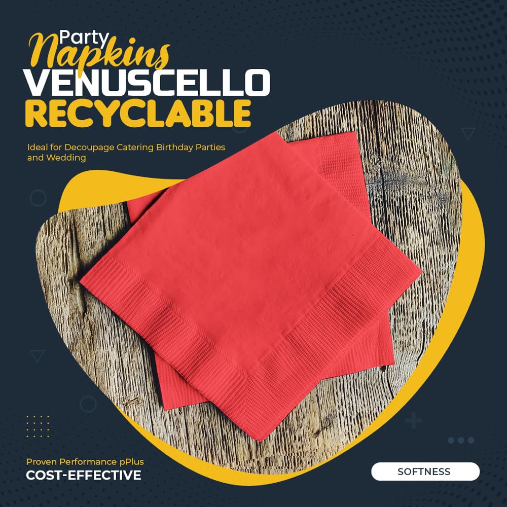 Venuscello® 100 x Serviettes Paper Napkins Red Disposable Recyclable Tissue 3-Ply 40cm for Catering Wedding Birthday Parties